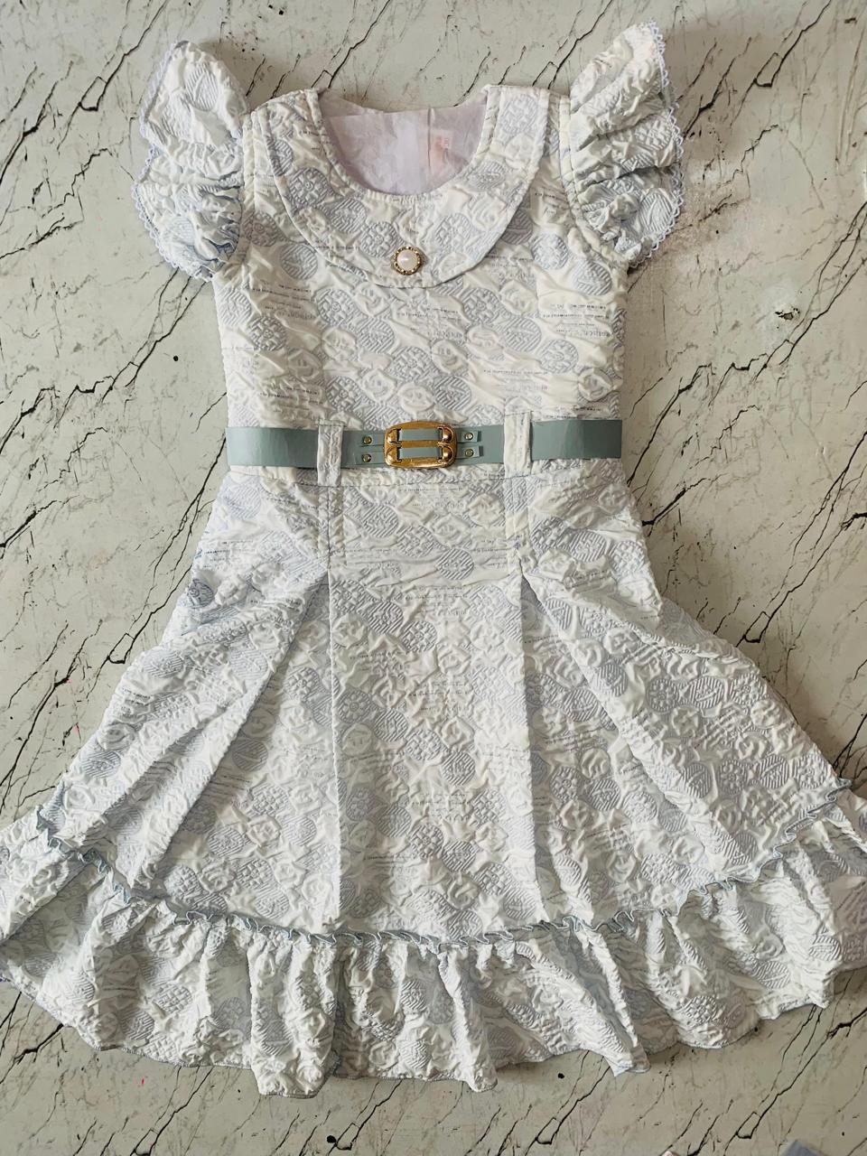Elegant Jacquard Frock in White and Light Blue set of 6 piece